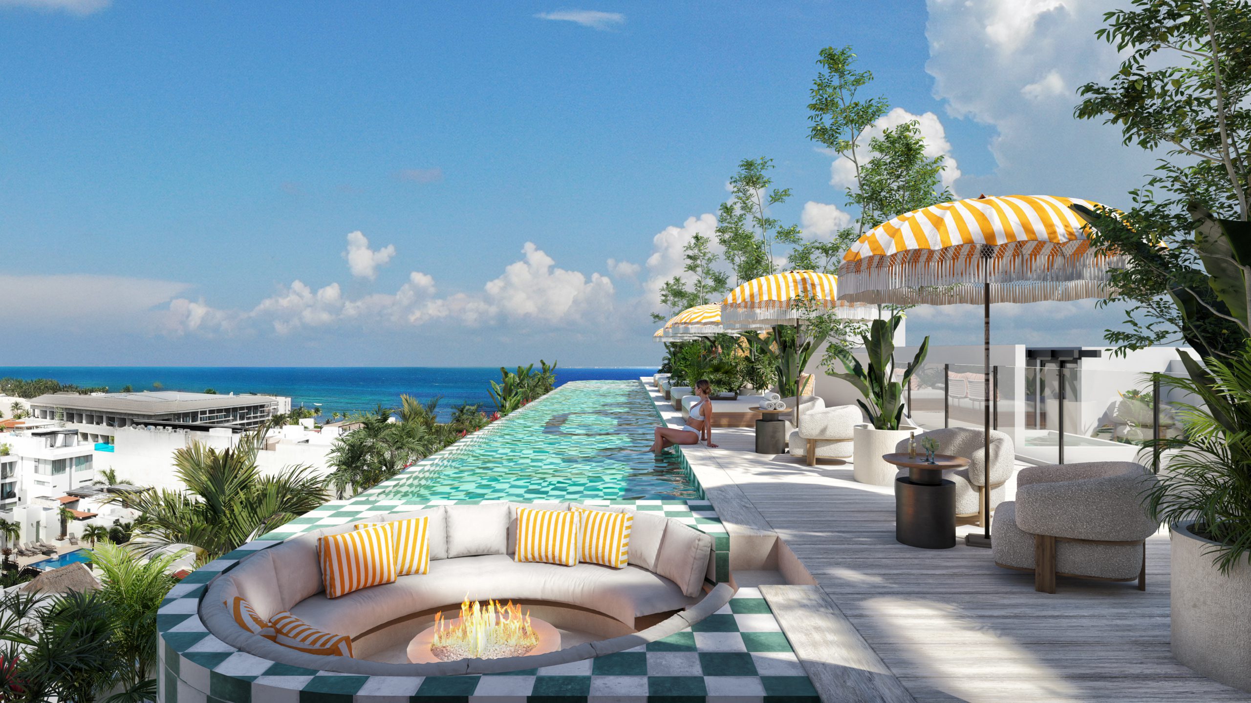 Rooftop skybar at Atzaro Playa del Carmen Residences overlooking Playa del Carmen